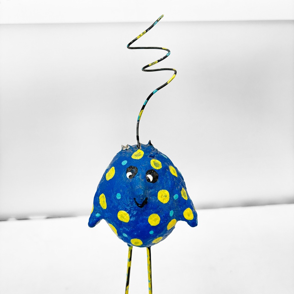 Barbara Bird of Pair-A-Stix Folk Art Sculpture Blue Yellow Polka Dot Whimsical